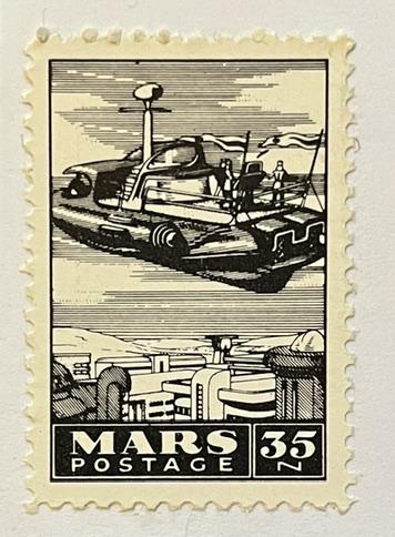 Cinderella stamp - a label that has the form of a postage stamp, with serrated edges, a purported value, and so on, but is really just a decorative sticker - showing a vehicle floating in the air over a city. There are people standing on the vehicle and banners flying from it. It appears to have a raised bridge like a pleasure boat, but also a cabin and a flat deck like a pickup truck. I suspect that the designer was drunk.

It bears the text "Mars postage" and the value 35N along the bottom. Postage rates have obviously gone up since I last posted a Cinderella from the same series, that was only 15 Novas.

The stamp is printed in black on a white background, and is stuck on a white postcard.