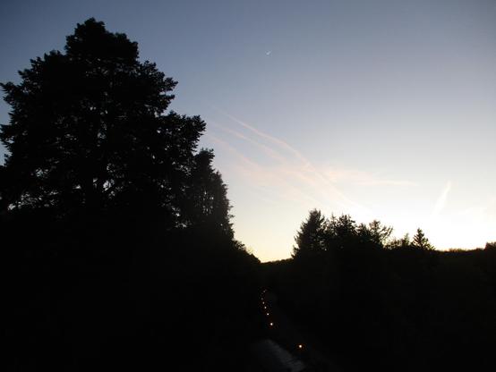 vue depuis un balcon sur une petite route éclairée faiblement par des lanternes, le jour se termine et le soleil a déjà disparu derrière l'horizon mais il éclaire encore un peu le ciel, les arbres ne sont plus que des ombres chinoises.

seen from a balcony on a small road dimly lit by lanterns, the day ends and the sun has already disappeared behind the horizon but it still lights up the sky a little, the trees are nothing more than Chinese shadows.