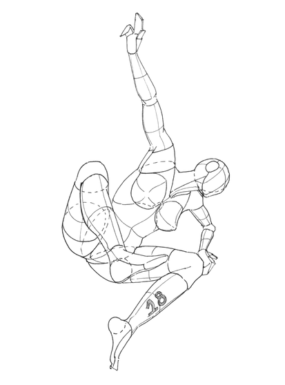 Geometric construction of a human figure drawn in fine liner. Woman jumping in the air on a "Spiderman" position.