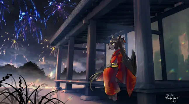 Yomiko, black-furred foxgirl wearing a red yukata, is sitting on a wooden porch and looking up at a night sky filled with fireworks