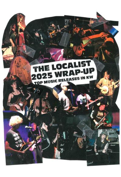 A collaged illustration made of photos taken for The Community Edition over the past year, specifically of musicians or performers playing live for an audience, surrounded the headline "THE LOCALIST 2025 WRAP-UP: Top Music Release in KW".