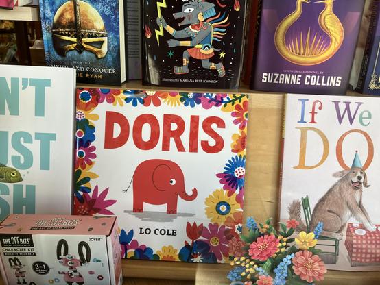 Books in a bookstore window, including Doris by illustrator Lo Cole, with a bright red elephant on the cover, surrounded by flowers. You see portions of other books, including Xolo (with an illustration of the dog-headed god) and If We Were Dogs.