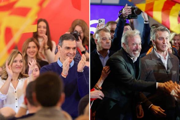 Los candidatos y los líderes nacionales de PSOE y PP, en los actos de cierre de campaña de Aragón este viernes (EFE)