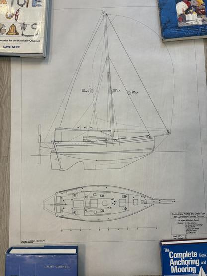 A photo of a lines plan for a sailboat from a naval architect. The paper on which it is printed is held flat by books at each corner, and the grey wood-look flooring is visible on the left.

The vessel depicted is a sloop with a long boom and a plank bowsprit, looking like a dated 1980s design. It includes a boomkin, and is drawn with a windvane autopilot.