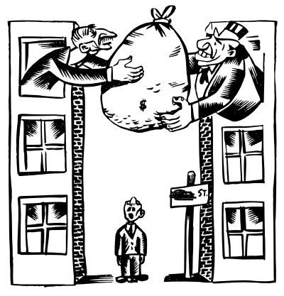 An illustration from OpenClipart. It is black and white. The setting is on Wall Street, and has 2 tall buildings with 2 businessmen passing a big bag of cash between the windows of 2 of the buildings. Below them, a man on the streets looks up with his mouth open in shock?