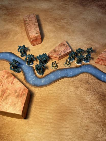 Two stars of clan mechs (5 mechs each) pose next to a desert river, flanking a pair of battle armor squads. All are painted in a sea green color scheme.

The Left Mech group: Blood Asp, White Raven, Grizzly, Phoenix Hawk IIC, and Bane

The right mech group: Stormcrow, Shadowcat, Mongrel, piranha, and Huntsman.