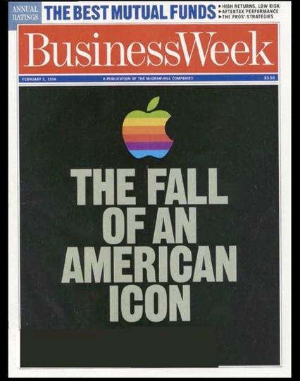BusinesssWeek from 1996 headline "The Fall of an American Icon" with the rainbow Apple logo shown (prior to Steve Jobs' return to the company).