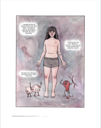 Screenshot of a page from the digital edition of Take The Fall. In it, a version of post-surgery Tess stands, ink and watercolour, I think, in a grey space. She is topless, with a double mastectomy scar across her chest. She has greying shoulder-length hair and bangs. A cartoon uterus and two cartoon breasts stand at her feet, shaking, respectively, two fallopian tubes and a scalpel, and yelling at her.

Text reads: I dropped almost 40 pounds the first year after chemo. They took my uterus, my fallopian tubes, and both boobs. My flesh was angry, exhausted.

Anxiety lived in my skin. Behind my sternum. In the way my hands quaked when I picked up a pencil.

The alarm was still going off inside me and I didn’t know why.