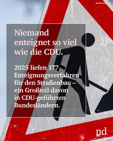 Niemand enteignet so viel wie die CDU.

2025 liefen 177 Enteignungsverfahren für den Straßenbau – ein Großteil davon in CDU-geführten Bundesländern.