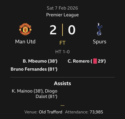 Scoreboard graphic for a Premier League match on February 7, 2026, showing Manchester United 2–0 Spurs. Goals: Mbeumo (38’) and Bruno Fernandes (81’) for United. Assists: Mainoo (38’) and Dalot (81’). Red card: Romero (29’) for Spurs. Halftime score: 1–0. Match held at Old Trafford.