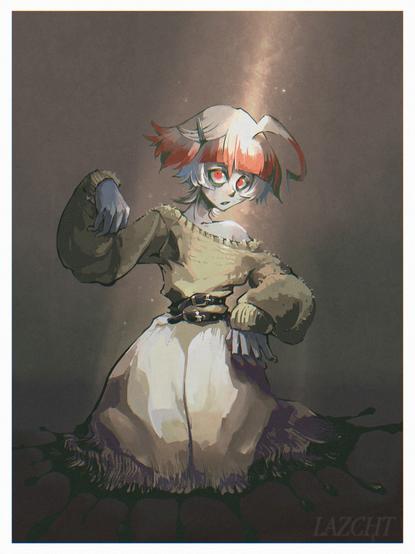 a strange grey skinned figure sitting at the floor wearing loose sweater and inky-cap-like skirt