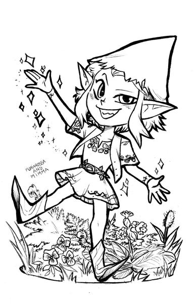 Black and white ballpoint pen illustration of a pixie performing a dance move, arms outstretched and balancing on one foot. Magical sparks emanate from his hands, and he wears a pointed hat.