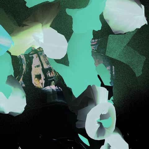 an abstract set of glowing CGI blobs dripping on a black background with foggy shapes and bits of a distorted building in the shadows