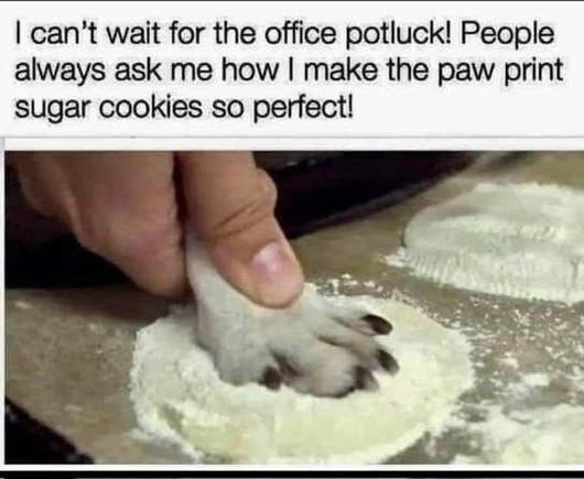 Post:
I can't wait for the office potluck! People always ask me how I make the paw print sugar cookies so perfect! 
Pic: close up from someone pushing a little dog's paw into a patch of cookie dough on the table
