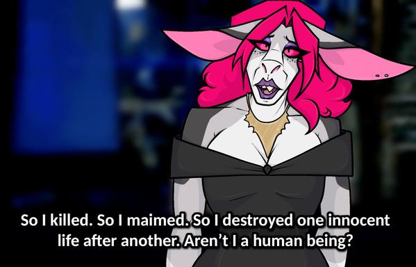 A screenshot from the 1993 film "Addams Family Values", instead of the character Debbie a pink haired anthro donkey has been drawn over her. At the bottom the subtitles read "So I killed. So I maimed. So I destroyed one innocent life after another. Aren't I a human being?"