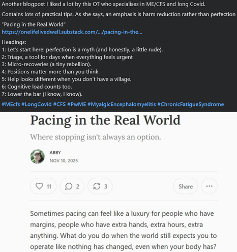 Another blogpost I liked a lot by this OT who specialises in ME/CFS and long Covid.
Contains lots of practical tips. As she says, an emphasis is harm reduction rather than perfection
"Pacing in the Real World"
https://onelifelivedwell.substack.com/.../pacing-in-the...
Headings:
1: Let’s start here: perfection is a myth (and honestly, a little rude).
2: Triage, a tool for days when everything feels urgent
3: Micro-recoveries (a tiny rebellion).
4: Positions matter more than you think
5: Help looks different when you don’t have a village.
6: Cognitive load counts too.
7: Lower the bar (I know, I know).
#MEcfs #LongCovid #CFS #PwME #MyalgicEncephalomyelitis #ChronicFatigueSyndrome

Pacing in the Real World

Where stopping isn't always an option.

Abby
Nov 10, 2025

Sometimes pacing can feel like a luxury for people who have margins, people who have extra hands, extra hours, extra anything. What do you do when the world still expects you to operate like nothing has changed, even when your body has?