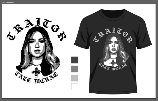 Tate McCrae digital illustration with the words TRAITOR around the top and her name on the bottom. Loosely reflecting a rock'n'roll t-shirt with Blackletter / Gothic font. Illustration isolated on the left. Overlayed on a black t-shirt on the right