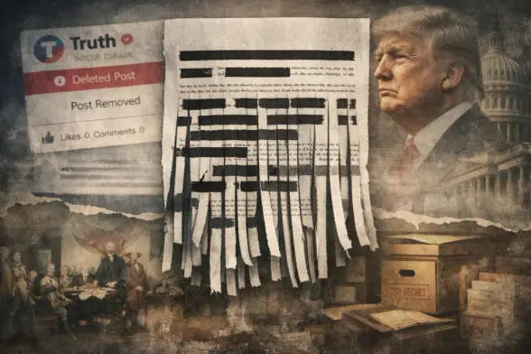 Trump deleting records illustrated by a shredded document overlaying erased social media posts and faded historical archives, symbolizing the manipulation of public memory