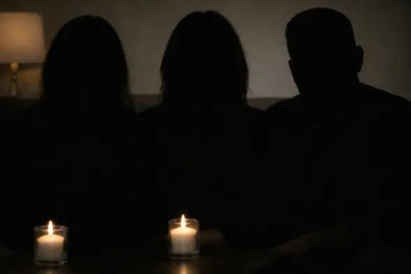 Nancy Guthrie missing family plea illustrated by three silhouetted figures seated together in a dimly lit room with candles, conveying a somber and urgent appeal for her safe return
