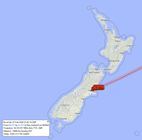PSKReporter screenshot showing the New Zealand stations worked by KR1ST. They all are in the Christchurch area.