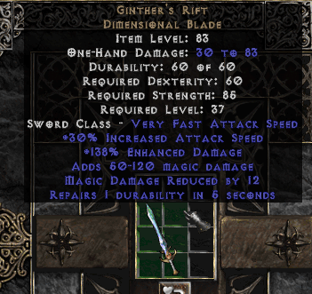 Ginther's Rift, a unique Dimensional Blade, which is a type of sword with a light blue and silver blade and a gold handle, inside a Horadric Cube in the game Diablo 2.