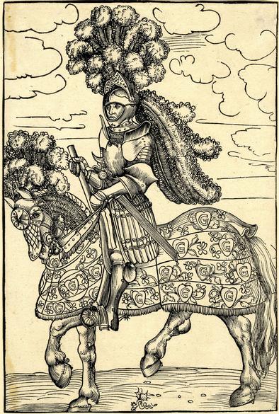 Armed knight on horseback riding to the left; decorated with large plumes. The woodcut is from 1509. Source: https://www.britishmuseum.org/collection/object/P_1895-0122-274