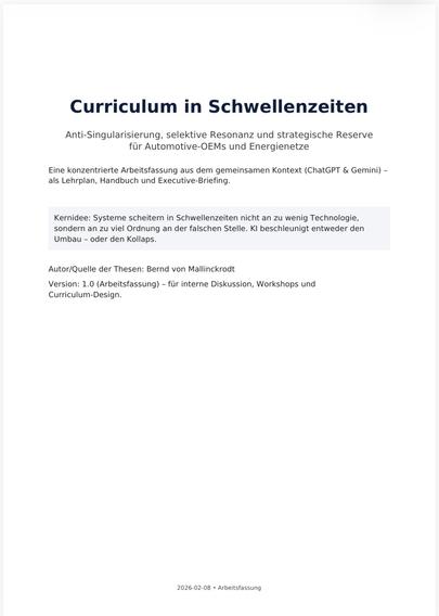 Curriculum in Schwellenzeiten
Anti-Singularisierung, selektive Resonanz und strategische Reserve für Automotive-OEMs und Energienetze
Eine konzentrierte Arbeitsfassung aus dem gemeinsamen Kontext (ChatGPT & Gemini) - als Lehrplan, Handbuch und Executive-Briefing.
Kernidee: Systeme scheitern in Schwellenzeiten nicht an zu wenig Technologie, sondern an zu viel Ordnung an der falschen Stelle. Kl beschleunigt entweder den Umbau - oder den Kollaps.
Autor/Quelle der Thesen: Bernd von Mallinckrodt
Version: 1.0 (Arbeitsfassung) - für interne Diskussion, Workshops und Curriculum-Design.🖖