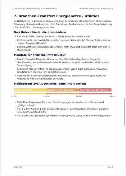 Curriculum: Anti-Singularisierung in Schwellenzeiten
Bernd von Mallinckrodt - Arbeitsfassung
7. Branchen-Transfer: Energienetze / Utilities
Im Netzbetrieb ist Resonanz-Stummschaltung gefährlicher als in Markten: Stromsysteme folgen physikalischen Gesetzen, nicht Narrativen. Deshalb muss die Anti-Singularisierung hier physikalisch erzwungen werden.
Drei Unterschiede, die alles ändern
• Fail Mode: OEM scheitert am Markt - Netze scheitern an der Natur.
• Zeitkonstante: Netzinstabilität eskaliert schnell (Sekunden bis Stunden), Governance reagiert langsam (Monate).
• Beweis: Zertifikate beweisen Konformität, nicht Stabilität. Stabilität zeigt sich erst in
Abweichung.
Mandate für kritische Infrastruktur
• Physics Override Mandate: Operative Eingriffe dürfen Regelwerke temporär überstimmen, wenn Grenzwerte erreicht werden; ex-post Legitimation statt ex-ante
Genehmigung.
• Resilience Stress Testing: Kl als Netz-Adversary: Worst-Case-Kaskaden erzwingen, Schutzlogiken brechen - im Simulationsraum.
• Reserve als Sicherheitskomponente: Technische, kognitive und organisatorische Redundanz wird als Risikopuffer bilanziert.
Mallinckrodt-Zyklus (Utilities, ohne Intervention)
Papier-Stabilitat
Regulatorische Trägheit
Physikalischer Durchbruch
T+0m
T+12ml
T+24ml
T+36m
• T+0-12m: Prognosen, Berichte, Genehmigungen werden besser - Varianz wird „glattgerechnet".
• T+12-24m: Planung bleibt dokumentenbasiert; Verantwortung diffundiert zwischen
Betreiber/Regulator/Politik.
• T+24-36m: Instabilitäte