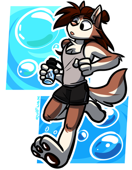 anthro husky in tank top jogging with water bottle in hand
