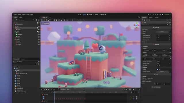 🕶️ Its user interface (v. 4.6, with a dark theme, image taken from the authors' website) with a 3D game currently in development displayed in the center of its interface. In Godot, numerous windows and settings are displayed on either side of the screen. Everything is configurable, including the layout of its interface and the internalization or externalization of the game window.

📚️ Godot Engine is a high-performance, libre (very permissive MIT license, no hidden fees), multi-platform 2D and 3D game engine and IDE, extremely feature-rich with a vast set of tools, enabling the developer to create his multi-platform game from scratch without requiring any external tools other than the usual content creation tools (graphics and sound; it includes a tile map editor), and to concentrate on his game without having to reinvent the wheel. It also features an intuitive scripting language (GDScript, inspired by Python and other languages) and can be used with most programming languages.