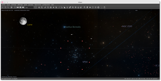 🕶️ A view of its IU (v. 3.6.7, on a dark theme, on my Linux PC) in planetarium mode, with a view of the moon and its surroundings, from France in December.

📚️ KStars is a libre, multi-platform desktop planetarium and telescope preparation and piloting tool for both educators/students and amateur astronomers. It provides an accurate graphic simulation of the night sky at the desired location and time. It can display up to 100 million stars, 13,000 deep sky objects, all 8 planets, the Sun and Moon, and thousands of comets and asteroids. It supports event scheduling, content downloading and hardware slaving (Ekos).