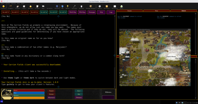 🕶️ A view of its UI with the Mudlet menus at the top, the rest being menus and game provided by the game. On the left side the presentation and the settings of the current game, on the right side, the map of the game where the player will evolve.

📚️ Mudlet is a libre, multi-platform and portable MUD client, an interface for playing non-graphical or semi-graphical online role-playing games. This type of client provides an intuitive user interface, a Lua scripting environment, and a very fast text display. It offers drag and drop packages installation, a customizable interface, a complete mapping system, simultaneous games, multi-protocol support, secure connection, and Discord support.