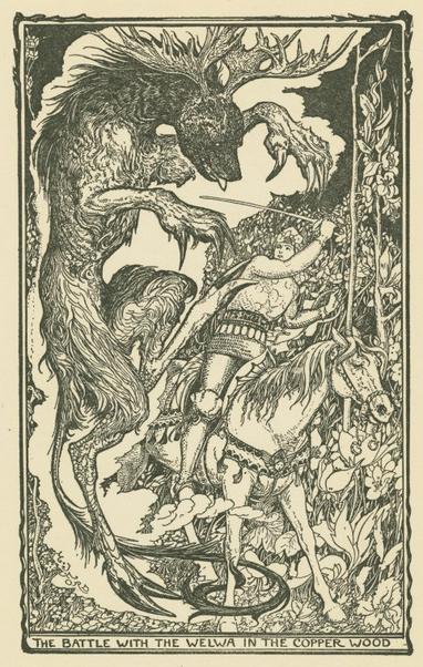 A tightly composed of a monstrous furry creature with cloven hooves, claws and antlers, looming over a sword-wielding medieval knight on horseback.