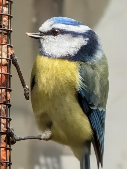 A close-up, high-angle vertical shot of a small Blue Tit perched on a thin metal bird feeder. The bird is facing left in profile. It features a bright cobalt-blue cap on its head, a white face with a dark line running through its eye, and a vibrant yellow chest that blends into greenish wings with blue tips. The background is a soft, out-of-focus blur of greys and warm beiges, making the colourful bird stand out sharply. The lighting is soft, highlighting the fine texture of its feathers.