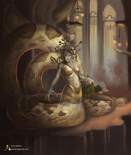 Art by Javi Laparra - a gorgon stands up on a ledge, surrounded by columns and hanging lanterns in the background. She has no legs, but her serpent coils loop behind her. She bears an arrow quiver on her back slung from a baldric.