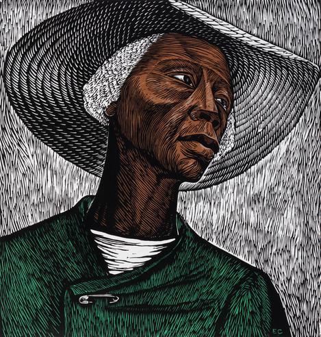 Description from her obituary in The Washington Post: “In her 1952 linoleum print "Sharecropper," a woman with white hair and a lean face framed by a wide straw hat gazes off to the side, with her blouse fastened by a safety pin. The static image acquires an internal sense of motion from the thousands of tiny cuts in a linoleum block made by Ms. Catlett.”