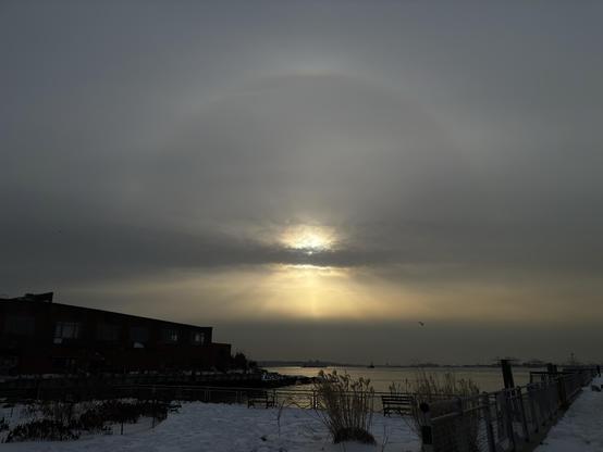Last in a series of views of a sunbow over a wide bay. A strip of clouds obscures the sun without dimming the arc of the halo above or the crepuscular rays below. In the foreground is a section of a park, with clumps of plants poking out of the snow-crusted ground. At left and right respectively, a low warehouse and a snow-covered pier push out into the water.