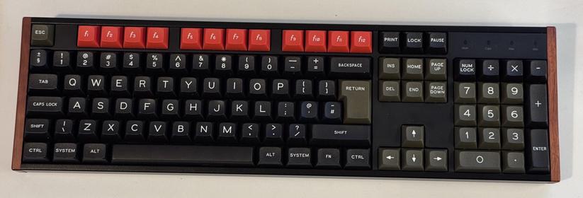 A 100% UK keyboard with BBC Model B style keycaps fitted.