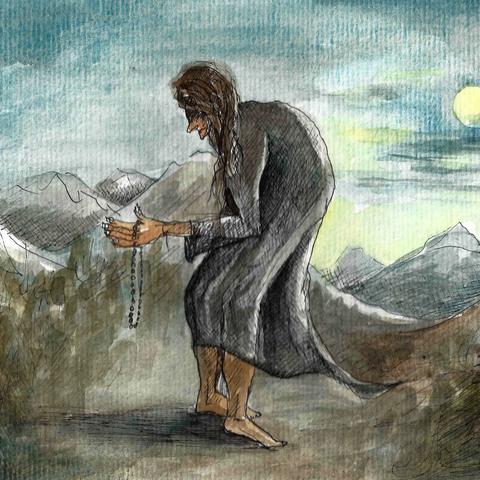 A depiction of a Churail by Nimra Bandukwala, showing an elderly woman hunched over, holding a mala necklace, and with her feet on backwards in a remote mountain path in what can be presumed as night or overcast day