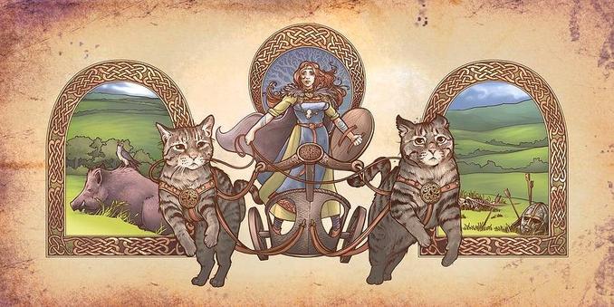 A depiction by D Zemba of Freyja's chariot being driven by two massive tabby cats, with three things of stained knotted windows: one is behind Freyja like a halo, the left one showing a boar and bird in a field, the right one showing the remains of a battle.
