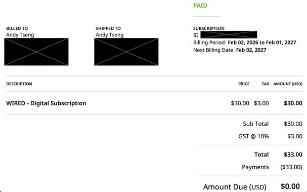 Digital subscription receipt showing a $30.00 WIRED subscription with $3.00 GST added, totaling $33.00. A payment of $33.00 is recorded, leaving an amount due of $0.00.