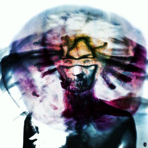Color photograph, 1:1 format, self-portrait (headshot). Multiple exposures of motion sharpness, long exposure of a person moving their hands back and forth beside and in front of their face with spread fingers. Superimposed is an oversized orchid bud, acting like a glass bell, in which the head is located. All in soft bluish to reddish-yellow tones; the person's silhouette appears like a negative photograph.