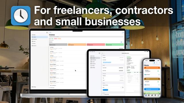An image of a MacBook, iPad and iPhone against the background of a coffee shop. At the top of the screen is the SoloTime app icon (a white clock face on a light blue background) and the words "For freelancers, contractors and small businesses". The app is running on all 3 devices - on the Mac it's showing the list if invoices and their respective status', on the iPad it shows the detail of an invoice along with a preview of it and on the iPhone it shows the lists of clients and projects.