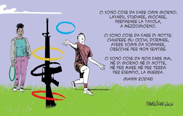 due ragazzi giocano a cerchietto lanciando i cerchi. olimpici intorno ad un fucile.
Ci sono cose da fare ogni giorno:
lavarsi, studiare, giocare,
preparare la tavola,
a mezzogiorno.

Ci sono cose da fare di notte:
chiudere gli occhi, dormire,
avere sogni da sognare,
orecchie per non sentire.

Ci sono cose da non fare mai,
né di giorno né di notte,
né per mare né per terra:
per esempio, la guerra.

Gianni Rodari