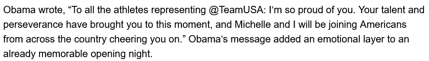 The screenshot (https://www.thebiglead.com/barack-obama-delivers-strong-team-usa-message-2026-winter-olympics/) reads:
"Obama wrote, 'To all the athletes representing @TeamUSA: I’m so proud of you. Your talent and perseverance have brought you to this moment, and Michelle and I will be joining Americans from across the country cheering you on.” Obama’s message added an emotional layer to an already memorable opening night.'"