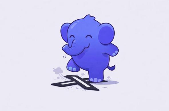 Der lächelnde Mastodon-Elefant tritt auf das am Boden liegende X-Logo.