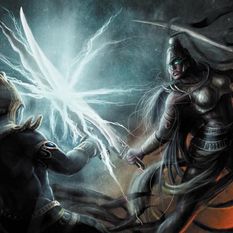 A climactic duel from the Against the Dark Yogi RPG depicts two powerful warriors locked in combat, their swords clashing with a burst of mystic energy. This invokes mythic tone of the game’s India-like setting.