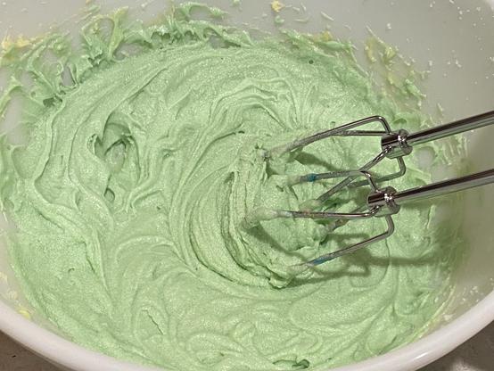 all the wets together making kind of a green butter/sugar/wets mix, whipped up nicely