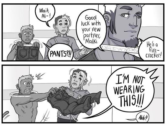 Lena examines the clothing Malki has given him and loudly asserts he will not be wearing pants