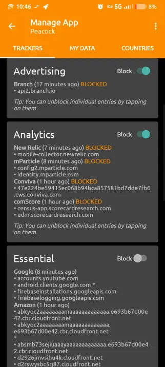 Screenshot of TrackerControl app running on an Android phone, showing blocked advertising and analytics requests being made by the Peacock app